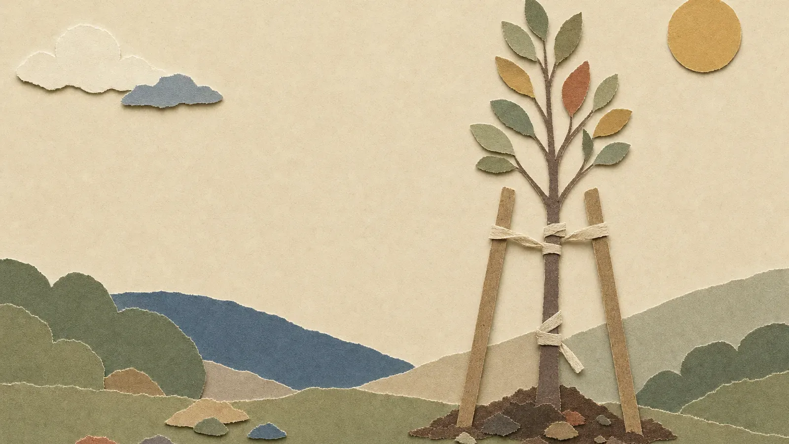 Ilustracja z wydzieranego papieru: młode drzewko o zielono-złotych liściach, podtrzymywane przez dwa drewniane paliki przewiązane sznurkiem, rosnące na kopczyku ziemi wśród zielonych wzgórz