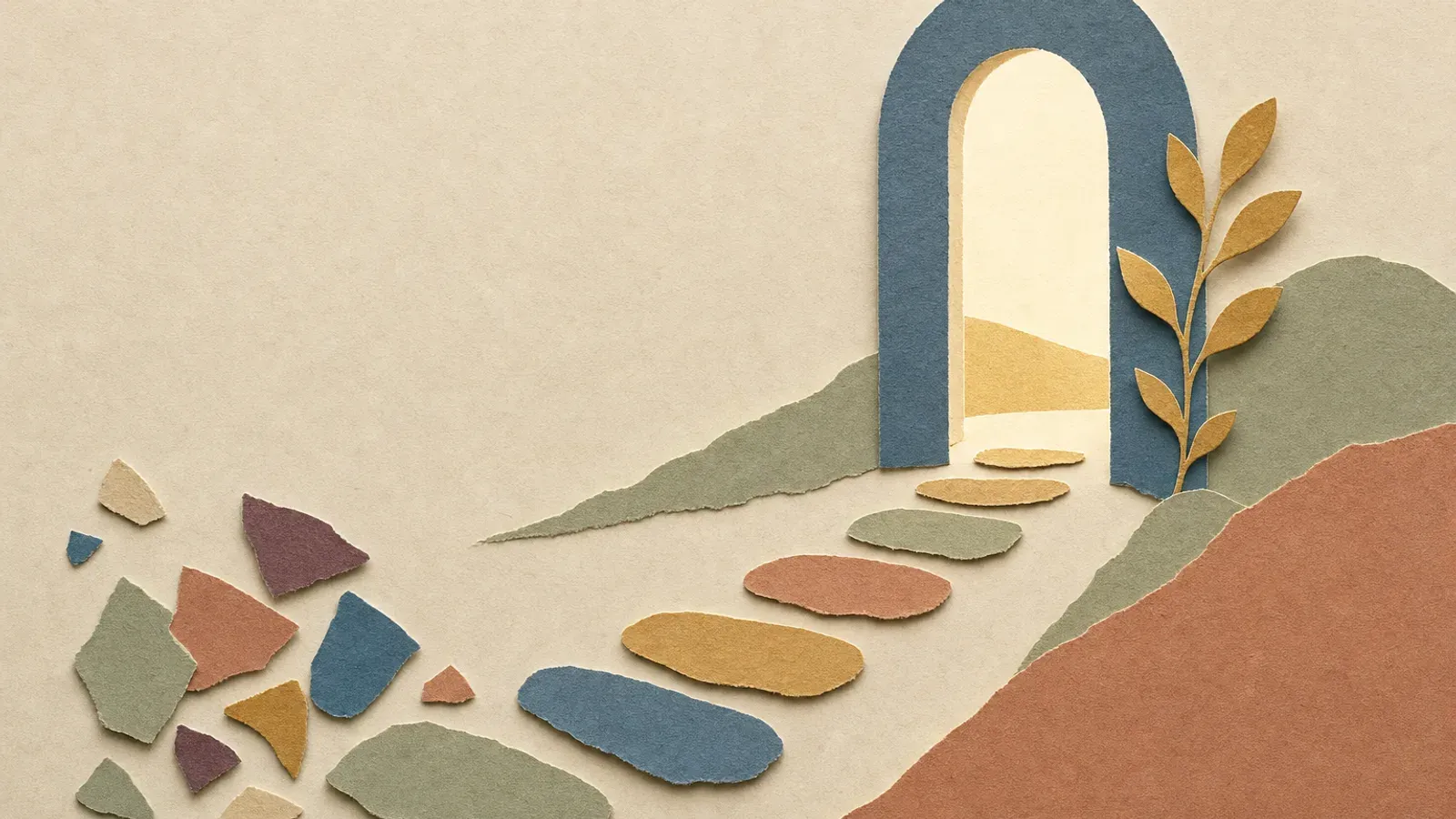 Ilustracja z wydzieranego papieru: rozsypane kolorowe kawałki układają się stopniowo w wyraźną ścieżkę z kamieni prowadzącą do otwartej bramy, za którą widać światło