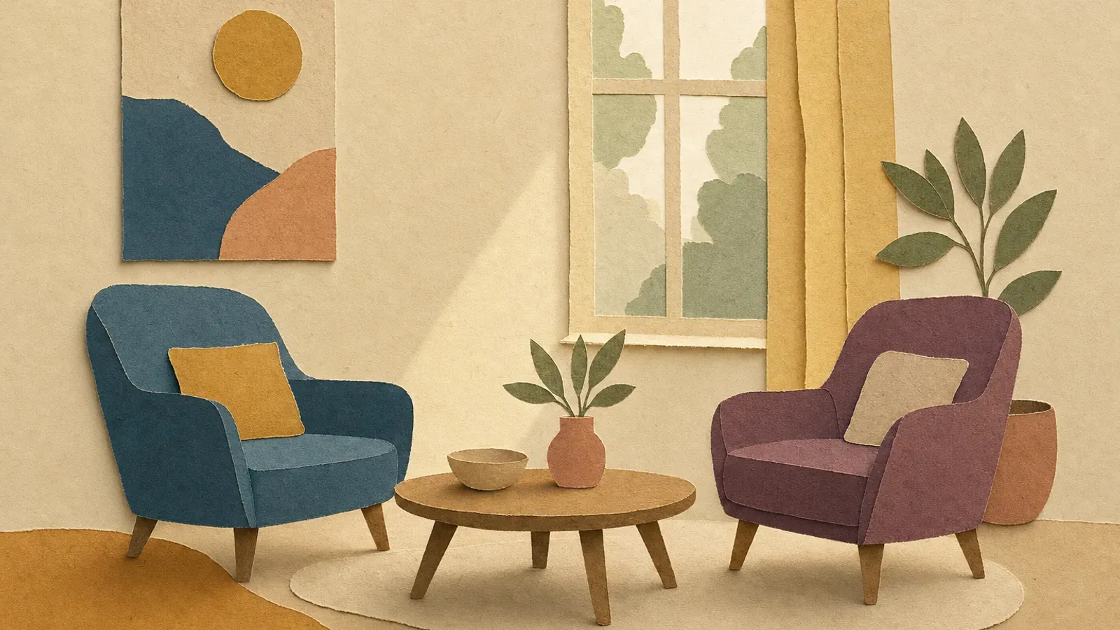 Ilustracja z wydzieranego papieru: dwa puste fotele stojące naprzeciw siebie przy niskim stoliku w spokojnym, jasnym pokoju z oknem