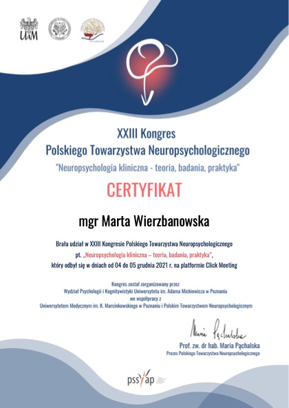 Certyfikat: Neuropsychologia kliniczna: teoria, badania, praktyka