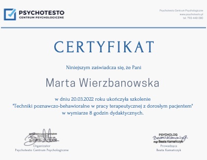 Certyfikat: Techniki CBT w pracy z dorosłym pacjentem