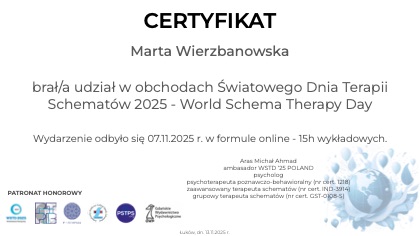 Certyfikat: Światowy Dzień Terapii Schematów